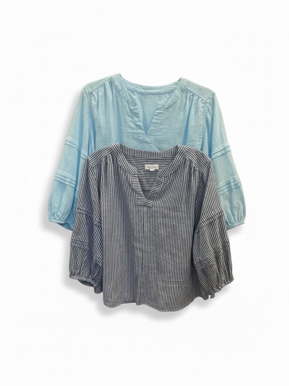 Westbound Linen Light Blue & Navy Striped Peasant Tops, Coastal Grandma, Size PL